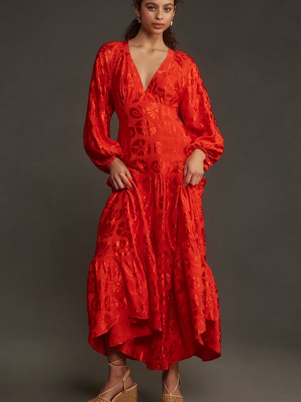 Farm Rio Long-Sleeve V-Neck Jacquard Maxi Dress